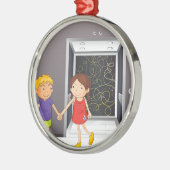 手を握っている女の子および男の子はエレベーターに近づきます メタルオーナメント (左)