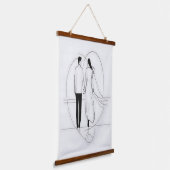 手を握るミニマルなラインアートロマンチックなカップル 吊り下げ型タペストリー (傾斜あり)