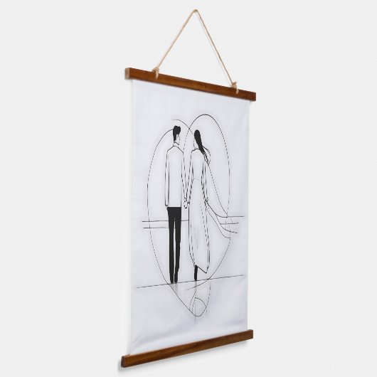 手を握るミニマルなラインアートロマンチックなカップル 吊り下げ型タペストリー (傾斜あり)