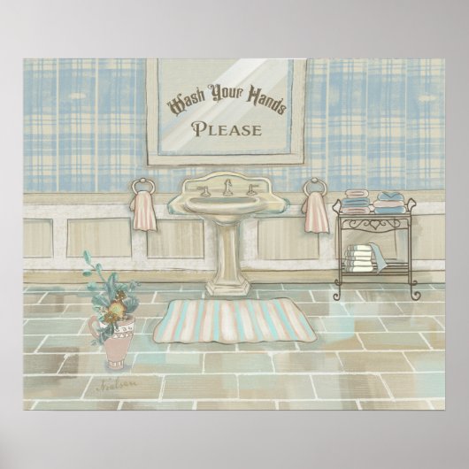 手を洗うヴィンテージシンクバスルームのデコールプリント ポスター (正面)