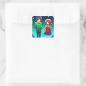 手を繋いでかわいいアニメパーソナライズされたカップル スクエアシール (バッグ)