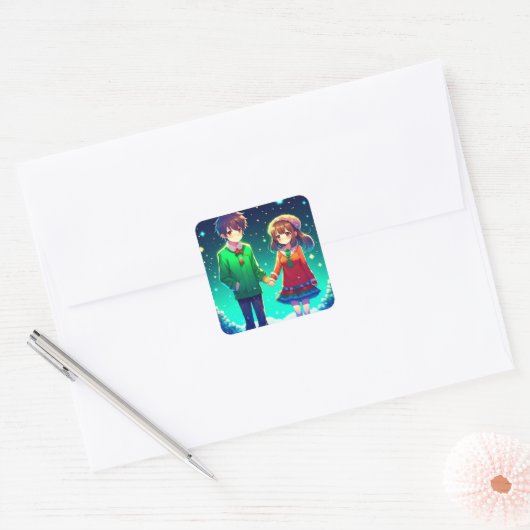 手を繋いでかわいいアニメパーソナライズされたカップル スクエアシール (封筒)