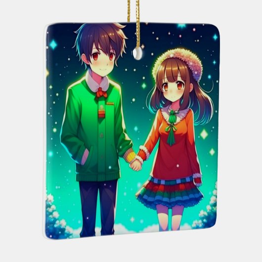 手を繋いでかわいいアニメパーソナライズされたカップル セラミックオーナメント (右)