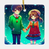 手を繋いでかわいいアニメパーソナライズされたカップル セラミックオーナメント (正面)