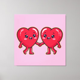 手を繋ぐかわいいハートのキャラクター キャンバスプリント