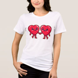 手を繋ぐかわいいハートのキャラクター トライブレンドTシャツ
