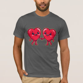 手を繋ぐかわいいハートのキャラクター Tシャツ