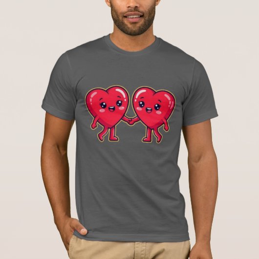 手を繋ぐかわいいハートのキャラクター Tシャツ (正面)