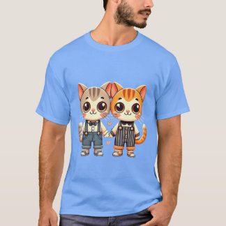手を繋ぐかわいい猫の友達2匹の少年 Tシャツ