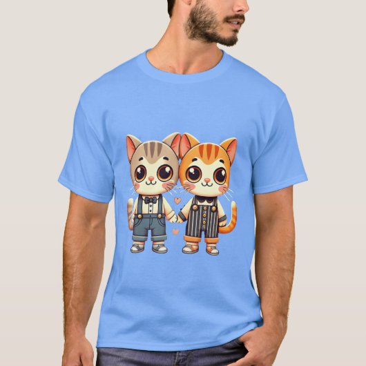 手を繋ぐかわいい猫の友達2匹の少年 Tシャツ (正面)