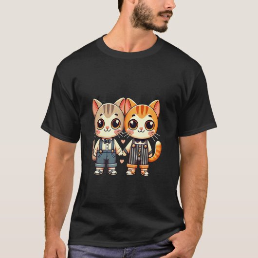 手を繋ぐ2匹のかわいい猫の友達 Tシャツ (正面)