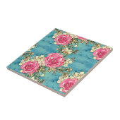 手アート色彩の鮮やかレトロ継ぎ目なしピンクのバラ青 タイル (側面)