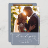 手エレガントでレターダスティブルー結婚の写真 サンキューカード (正面/裏面)