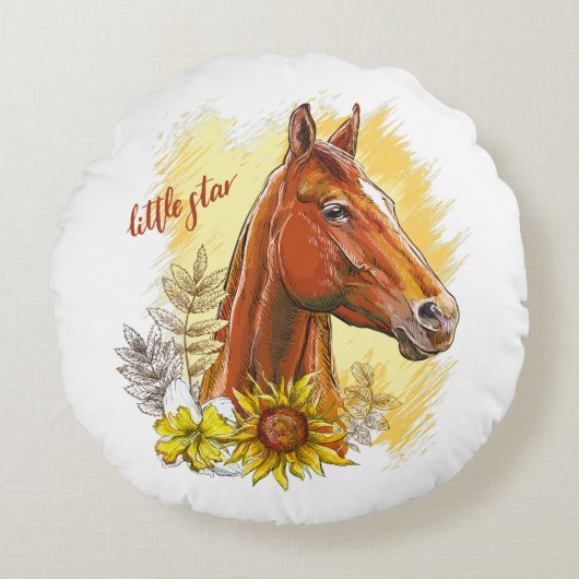 手エレガントスケッチ馬と植物と花 ラウンドクッション (正面)