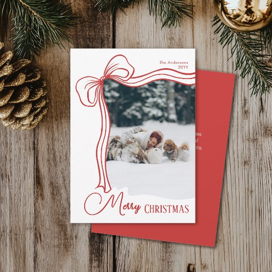 手エレガントミニマル引き赤い弓クリスマス シーズンカード