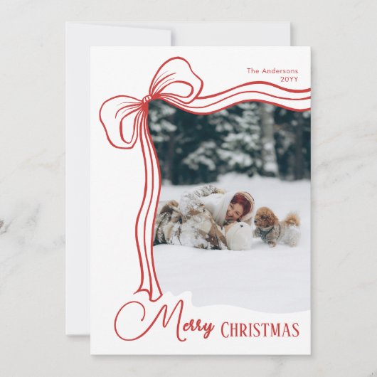 手エレガントミニマル引き赤い弓クリスマス シーズンカード (正面)