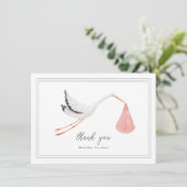 手エレガント引きコウノトリ女の子の赤ちゃんシャワー サンキューカード (スタンド正面)