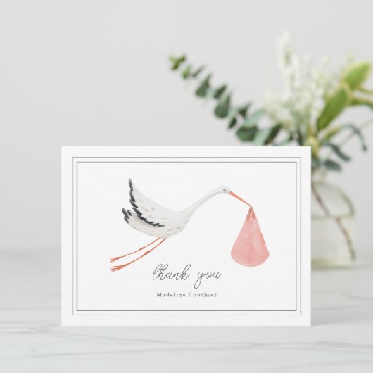 手エレガント引きコウノトリ女の子の赤ちゃんシャワー サンキューカード (スタンド正面)