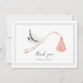 手エレガント引きコウノトリ女の子の赤ちゃんシャワー サンキューカード (正面)