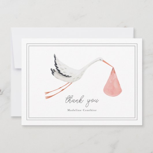 手エレガント引きコウノトリ女の子の赤ちゃんシャワー サンキューカード (正面)