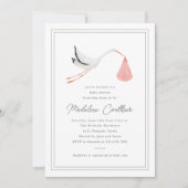 手エレガント引きコウノトリ女の子の赤ちゃんシャワー 招待状 (正面)