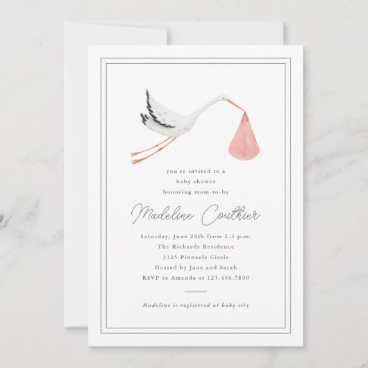 手エレガント引きコウノトリ女の子の赤ちゃんシャワー 招待状 (正面)