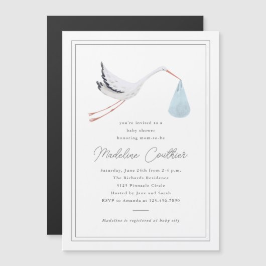 手エレガント引きストーク少年の赤ちゃんシャワー マグネット招待状 (正面/裏面)