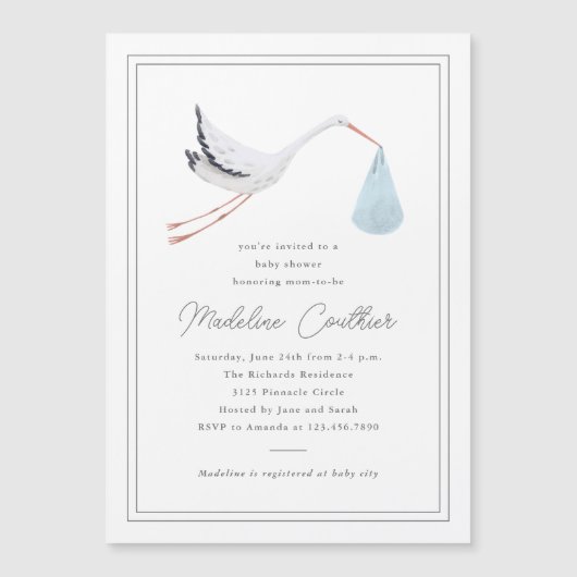 手エレガント引きストーク少年の赤ちゃんシャワー マグネット招待状 (正面)