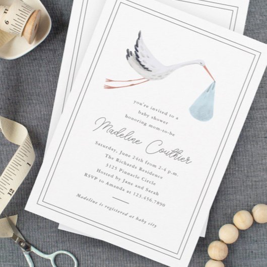 手エレガント引きストーク少年の赤ちゃんシャワー 招待状