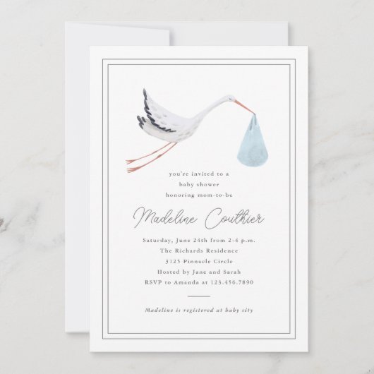 手エレガント引きストーク少年の赤ちゃんシャワー 招待状 (正面)