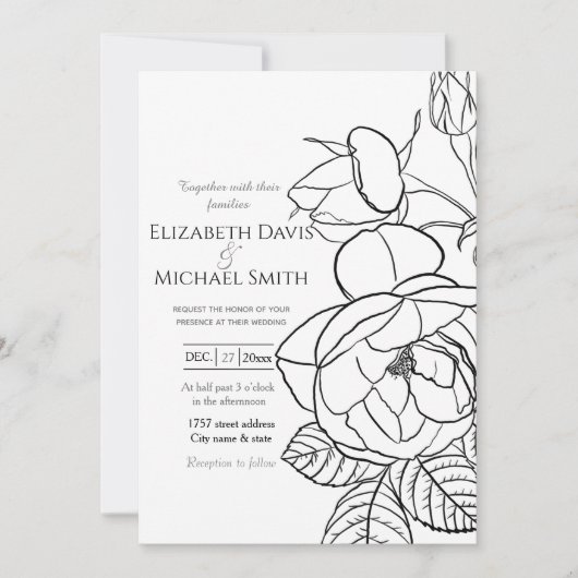 手エレガント引きバラフローラ白黒デザイン 招待状 (正面)