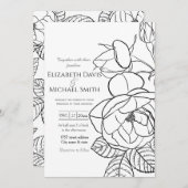 手エレガント引きバラフローラ白黒デザイン 招待状 (正面/裏面)