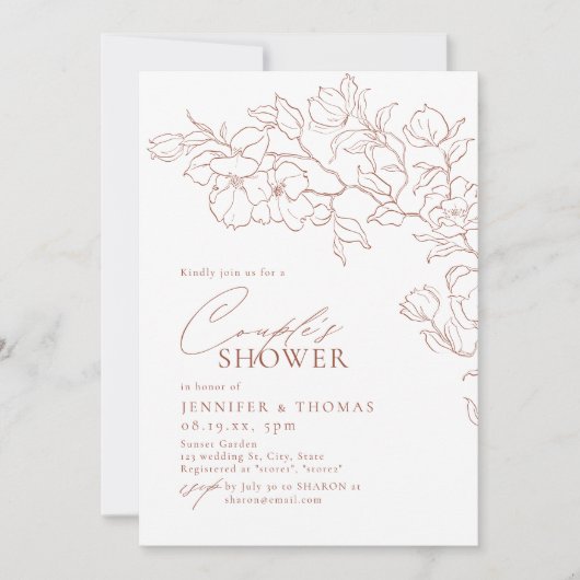 手エレガント引きフローラテラコッタカップルシャワー 招待状 (正面)