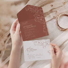 手エレガント引きフローラ結婚テラコッタ オールインワン招待状