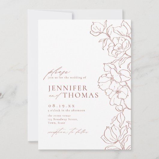 手エレガント引きフローラ結婚テラコッタ 招待状 (正面)