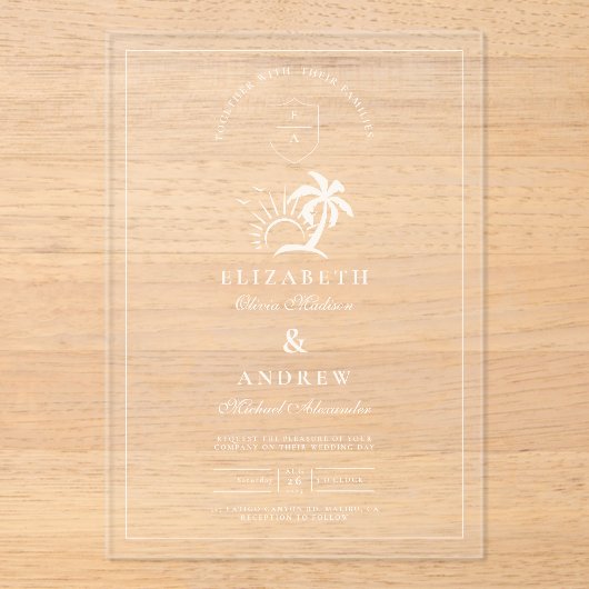 手エレガント引きヤシ結婚の木 アクリル招待状 (正面)