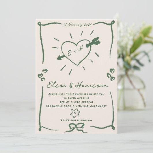 手エレガント引きレトログリーン結婚式招待状 招待状 (スタンド正面)