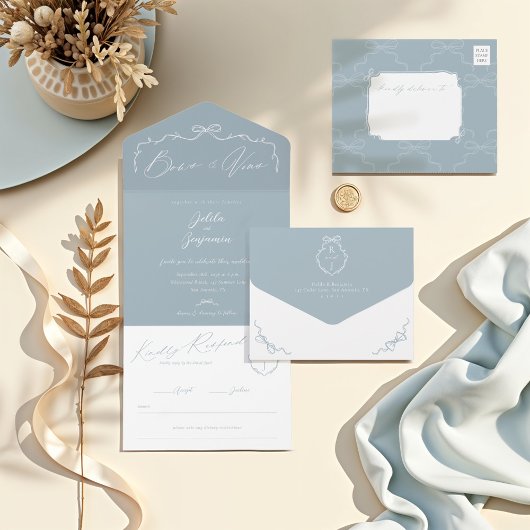 手エレガント引き弓&リボンモノグラム結婚ズ オールインワン招待状