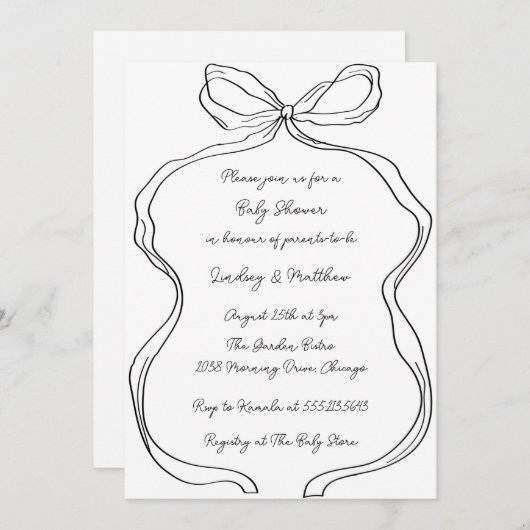 手エレガント引き波弓ベイビーシャワー 招待状 (正面/裏面)
