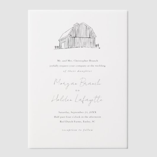 手エレガント描きカントリー結婚納屋 ベラム紙招待状 (正面)