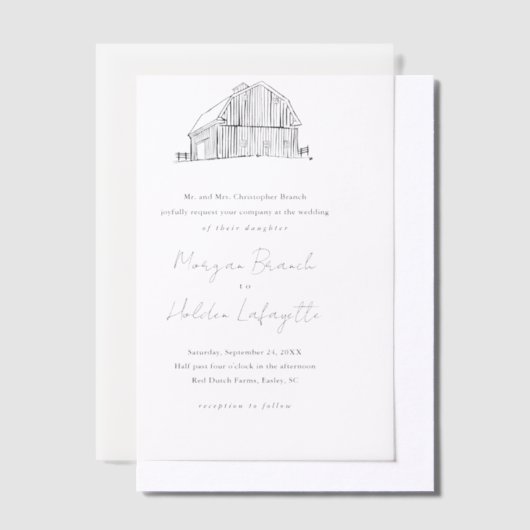 手エレガント描きカントリー結婚納屋 ベラム紙招待状 (オフセット)