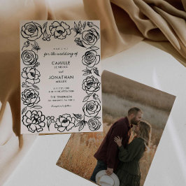 手エレガント描きフローラ写真結婚式招待状 招待状