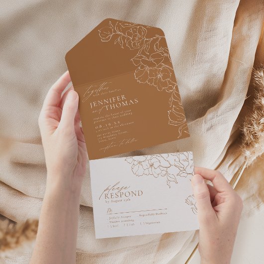 手エレガント描きフローラ黄金秋の結婚式 オールインワン招待状