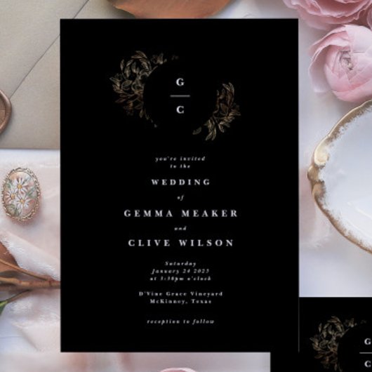 手エレガント描き植物性モノグラム結婚ズ 招待状