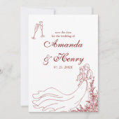 手エレガント描き素朴カップルBurgundy写真 セーブザデート (正面)