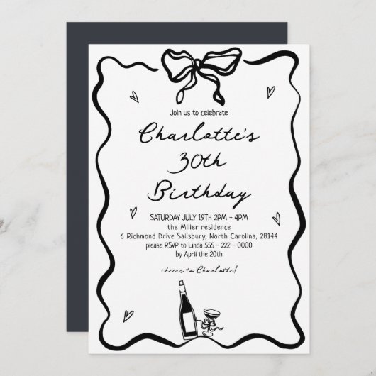 手エレガント描き30歳の誕生日 招待状 (正面/裏面)