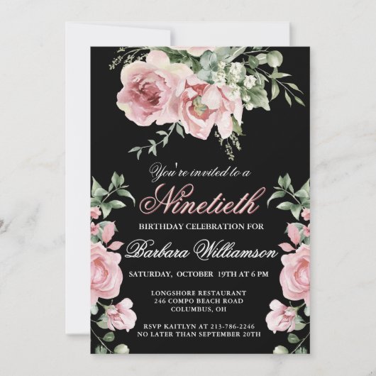 手エレガント絵を描バラ90th誕生日パーティー 招待状 (正面)