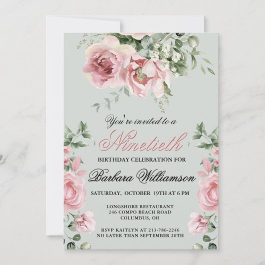 手エレガント絵を描バラ90th誕生日パーティー 招待状 (正面)