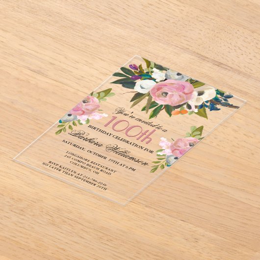 手エレガント絵を描フローラ100th誕生日パーティー アクリル招待状 (レイダウン)