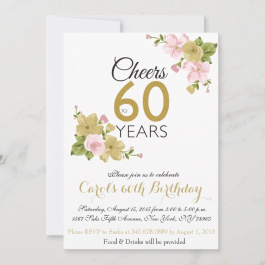 手エレガント花絵を描60番誕生日招待状 招待状 (正面)